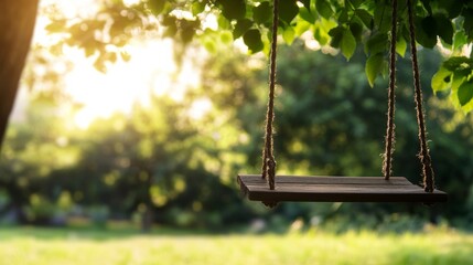 Wooden swing hangs from a sturdy oak tree branch, gently swaying in the breeze, while soft sunlight filters through lush green leaves in a peaceful meadow
