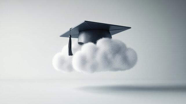 Graduation cap floating above cloud icon symbolizing cloud-based learning