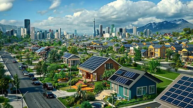 Suburban neighborhood with solar panels, cityscape backdrop
