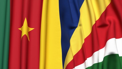 Fototapeta premium Flags of CAMEROON and SEYCHELLES with realistic cloth texture