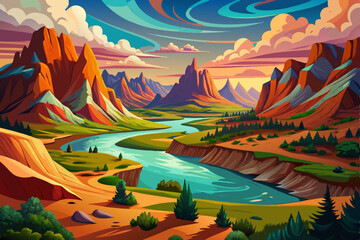 National view mountains view landscape with sunrise soft light and river. vector illustration background, death valley 