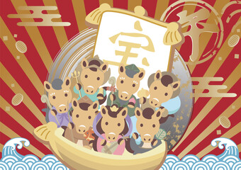 年賀状　2026年　年賀　2026　干支　七福神　午年　午　馬　うま　かわいい　デザイン　イラスト素材