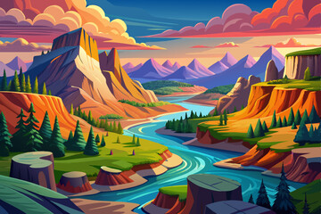 National view mountains view landscape with sunrise soft light and river. vector illustration background, death valley 