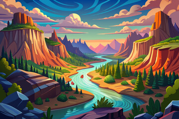 National view mountains view landscape with sunrise soft light and river. vector illustration background, death valley 