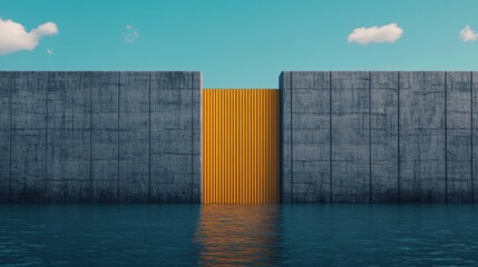 A striking design featuring a vibrant yellow structure nestled between gray concrete walls, reflecting in serene water under a clear blue sky.