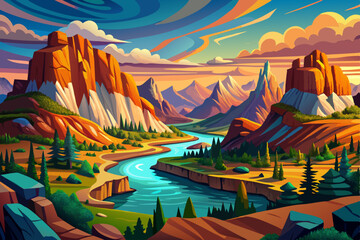 National view mountains view landscape with sunrise soft light and river. vector illustration background, death valley 