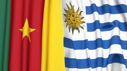 Flags of CAMEROON and Uruguay with realistic cloth texture