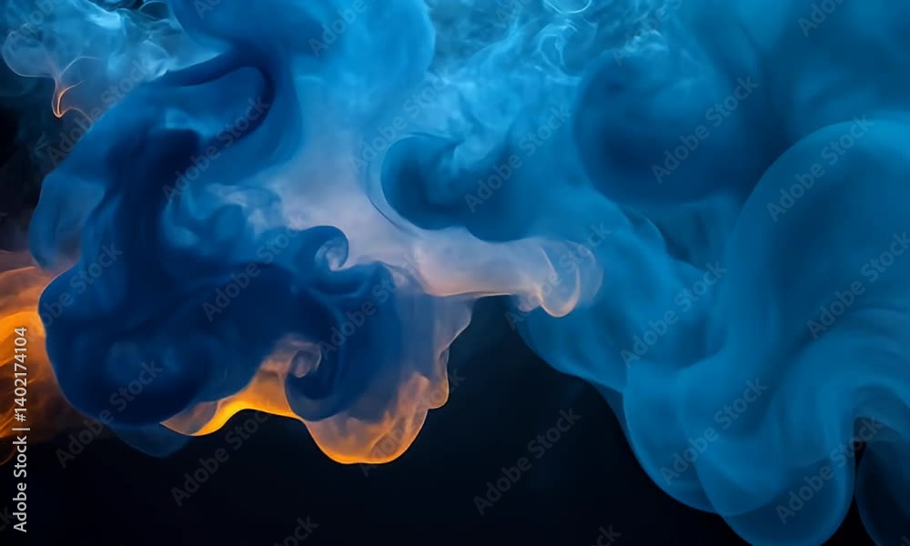Poster dynamic abstract smoke waves with blue and orange hues creating a mysterious atmosphere in a dark ba