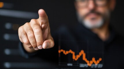 Businessman emphasizing analysis through a hand gesture while examining digital forecast models and data trends in a professional setting.