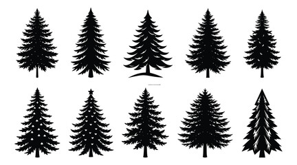 Fototapeta premium Christmas Tree Bundles Vector Silhouette | Festive Holiday Clipart Collection Featuring Pine Trees, Winter Forest Designs, Hand-Drawn Christmas Trees, Snowy Tree Graphics, and Seasonal Decorations for