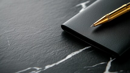 Black notebook and gold pen on dark marble surface.