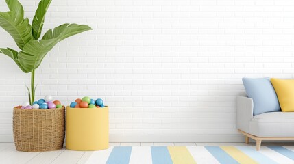 Bright and Cheerful Basement Playroom with White Brick Walls, Colorful Balls, and Stylish Furniture for Family Fun and Relaxation
