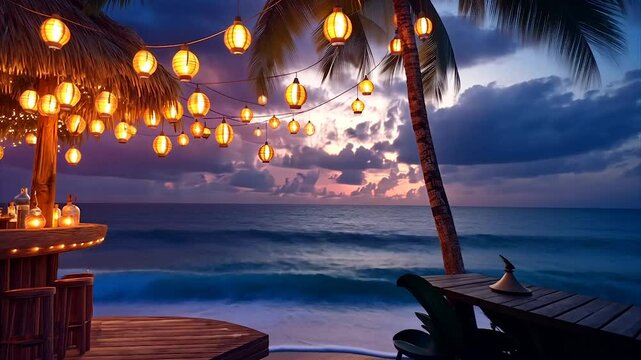 Tropical beach bar at sunset, illuminated with warm string lights
