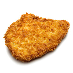 Golden and crispy pork schnitzel with a crunchy breaded coating and tender meat inside, isolated white background, hyperrealism art style