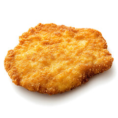 Golden and crispy pork schnitzel with a perfectly seasoned coating and tender meat, isolated white background, hyperrealism art style
