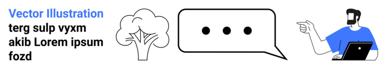 Man holding laptop and pointing, speech bubble with dots, tree symbolizing nature. Ideal for communication, collaboration, education, environment, team discussion, business flat landing page banner