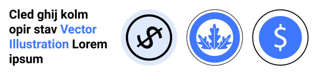 Dollar sign in black and blue circles with abstract leaf accents, emphasizing money and finance. Ideal for economies, trade, investments, banking, currency exchange, savings, simple landing page