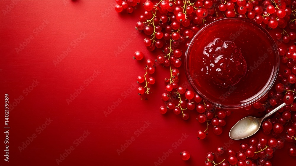 Poster close-up of a glass bowl filled with glossy red currant jam surrounded by fresh currants and a silve