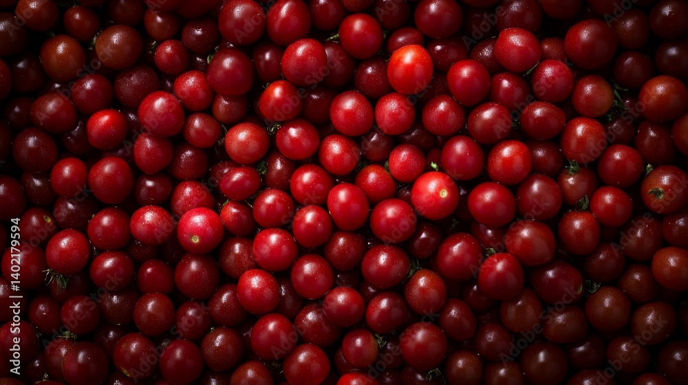 Poster close view of glossy red tomatoes closely arranged, highlighting their natural textures and subtle i