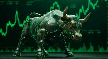 Obraz premium Futuristic Bull Statue on a Digital Financial Background