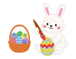 Cute Bunny Holding Paintbrush Decorating Easter Egg Next to Festive Basket Fun Springtime Clipart for Kids. Adorable Easter Bunny Painting Egg Next to Basket Holiday Illustration.