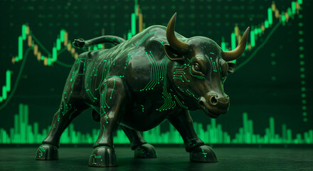 Futuristic Bull Statue on a Digital Financial Background