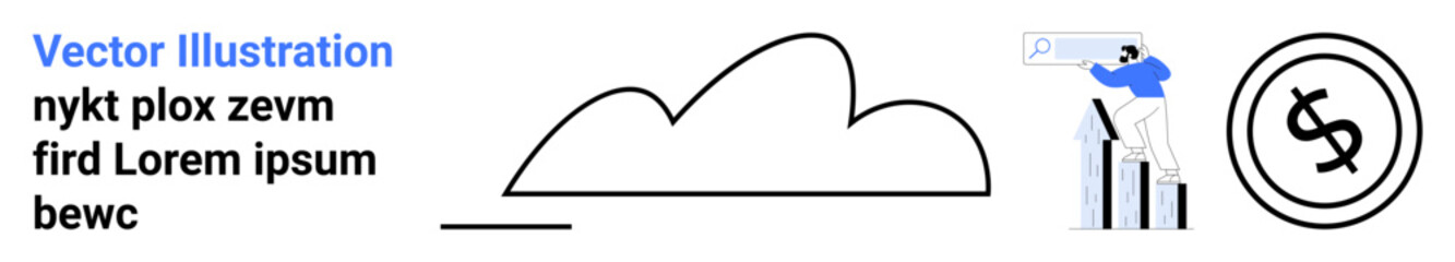 Person viewing data on statistics graph, dollar sign circle, and abstract cloud. Ideal for data analysis, business growth, financial insights, technology, cloud storage, teamwork abstract line flat