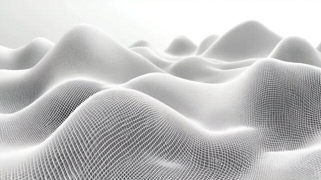 Abstract digital landscape, seamlessly blending smooth curves and a delicate grid pattern.  Soft, light gray tones create a serene and futuristic aesthetic