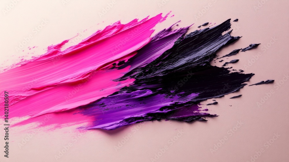 Aufkleber Broad brush strokes of glossy magenta and deep violet acrylic paint sweep across a pale beige canvas, showcasing vibrant texture and depth in an abstract design