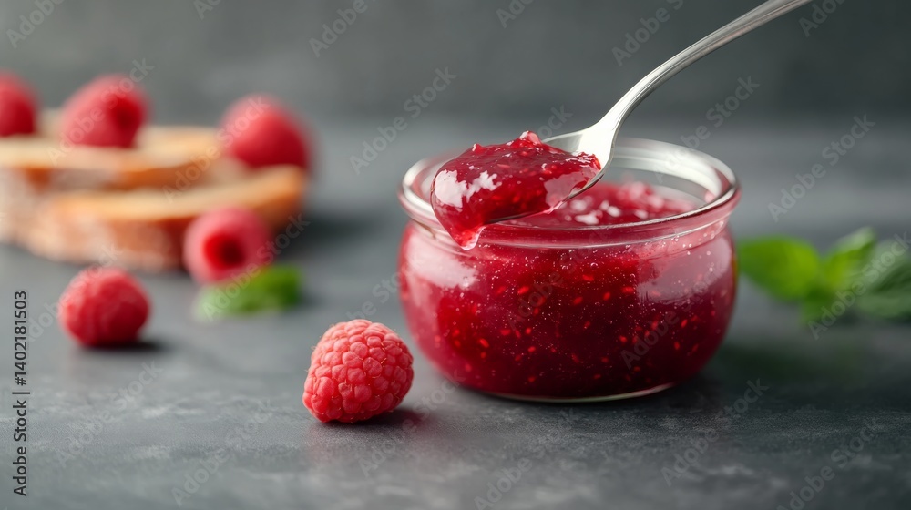 Poster a jar of homemade raspberry jam sits beside a spoonful dripping onto a slice of toasted bread, highl