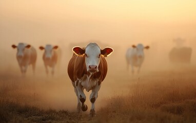 Cows Walking Toward Camera in Hazy Golden Field