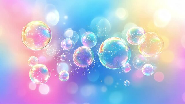 Transparent soap bubbles on colorful pastel abstract background