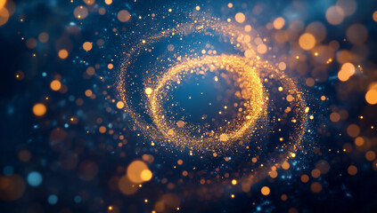 Abstract background with golden spiral, glowing dots and light swirls in dark blue space, Abstract swirling galaxy of golden and blue particles with bokeh effect, Galaxy background.
