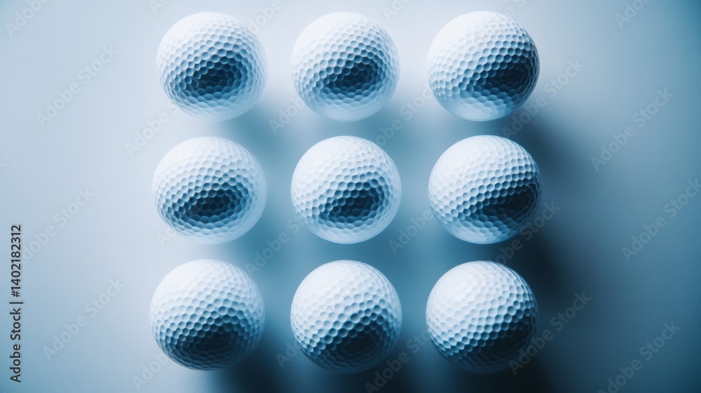 Poster six white golf balls neatly arranged in a perfect circle are displayed on a clear, reflective surfac