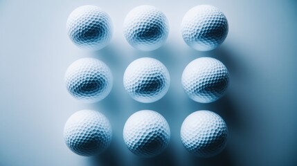 Fototapeta premium Six white golf balls neatly arranged in a perfect circle are displayed on a clear, reflective surface, emphasizing their smooth texture and captivating symmetry