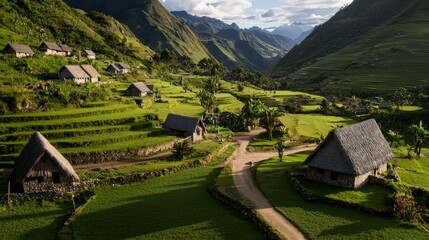 Andean village landscape with terraced fields peru photography lush environment aerial view cultural heritage