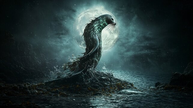 Majestic selkie rising from the ocean waves enchanted coastline digital art mystical environment night viewpoint