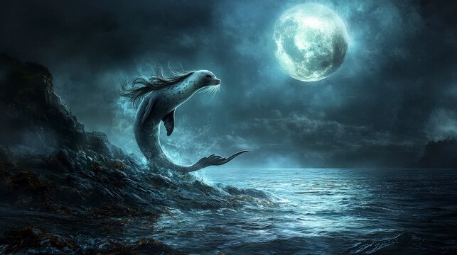 Majestic selkie emerges from ocean under moonlight fantasy art mystical environment oceanic view