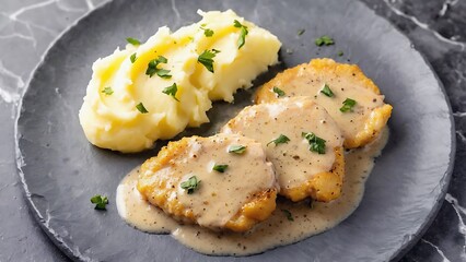Chicken cutlets in creamy sauce with mashed potatoes