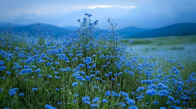Serene blue cornflowers bloom in a vast field, mountains forming a breathtaking backdrop at twilight.