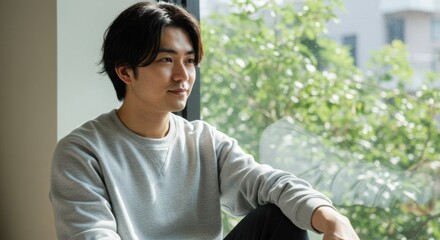 Thoughtful young Asian man sitting near a window