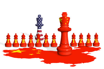 Chess made from USA and China flags. US and China trade, duty, customs and tariffs war