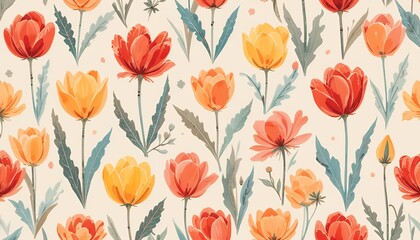 Whimsical Tulip Floral Seamless Pattern Red, Yellow, Blue Blooms on Pastel Background
