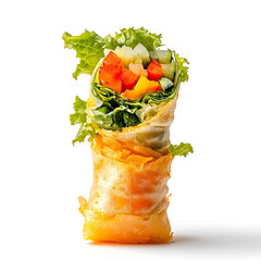 Golden and crispy spring rolls with a savory vegetable filling and a light, crispy wrapper, isolated white background