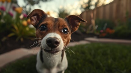 Playful jack russell terrier closeup backyard pet photography vibrant garden dog's perspective joyful moments