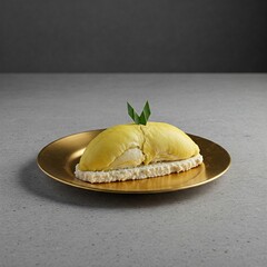 Durian flesh served as a dessert on a golden plate with a glutinous base and leaf garnish.
