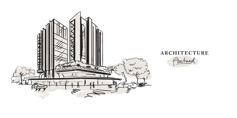Fototapeta premium Contemporary architecture design freehand drawing, Sketch Hand drawn Drawing design.