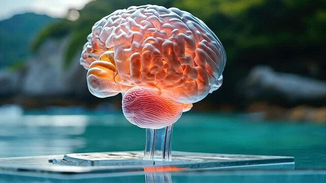 Transparent brain model on display, showcasing intricate neural pathways and structures