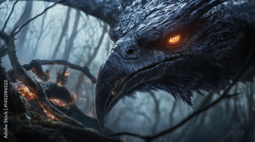 Poster Fierce closeup of hrsvelgr’s sharp beak and intense gaze in shadowy forest setting dramatic digital artwork