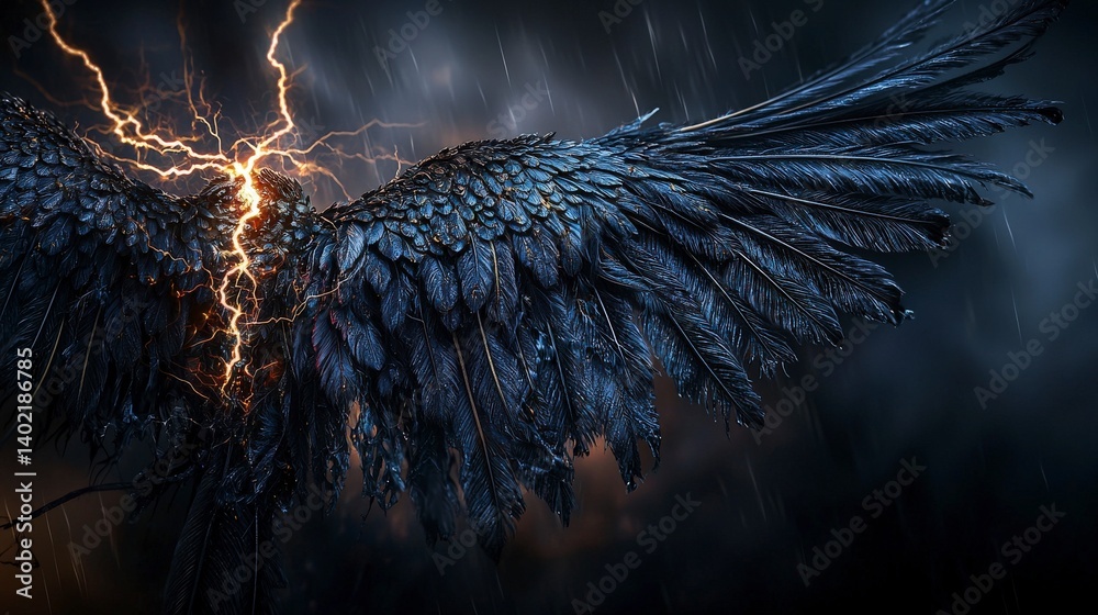 Poster majestic impundulus wings displaying intricate feathers amidst thunderous storm close-up dark enviro